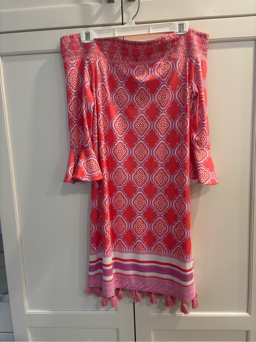 Cabana Life Pink Patterned Strapless Tassel-Hem Dress